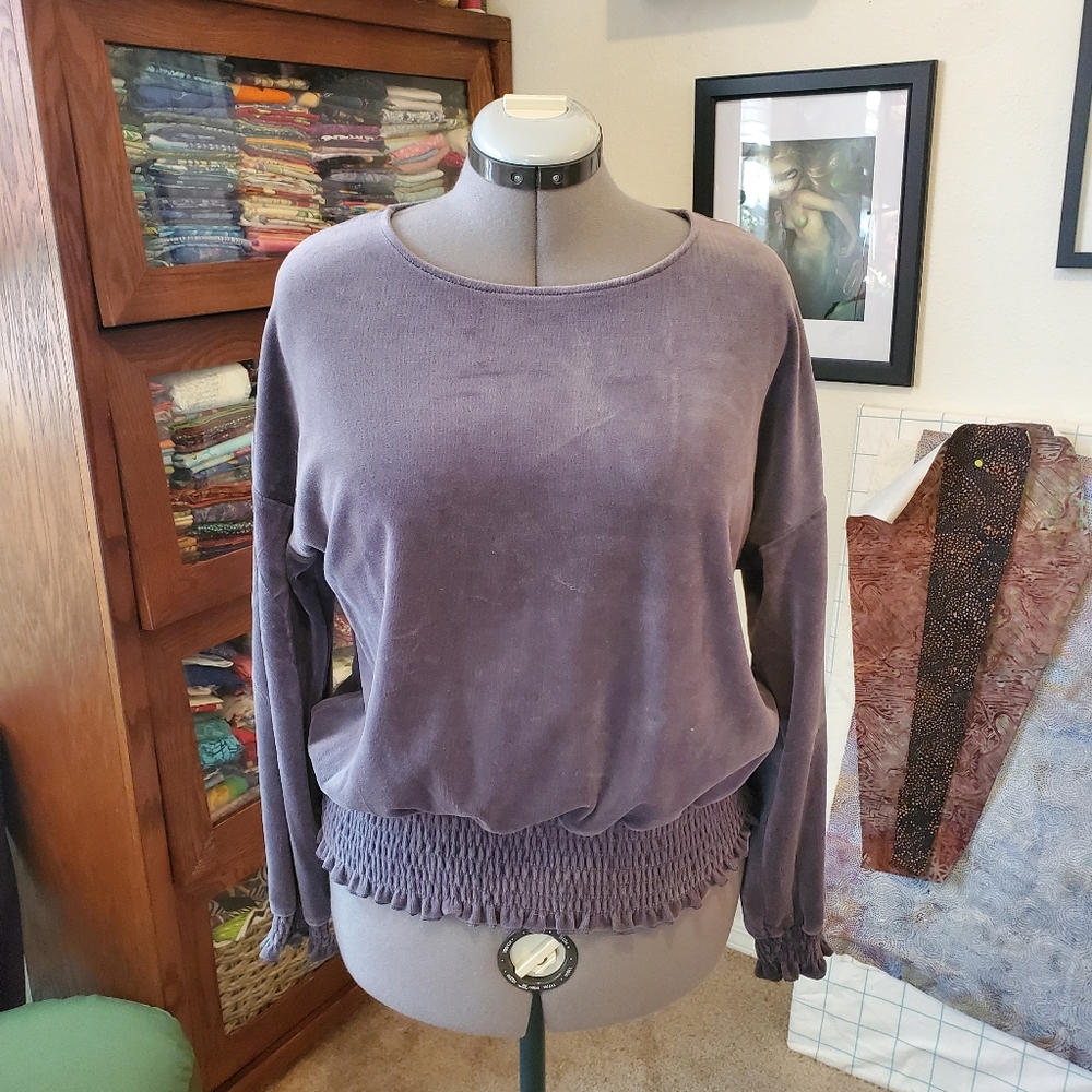 Women’s Washed Purple Smocked-Hem Long Sleeve Top